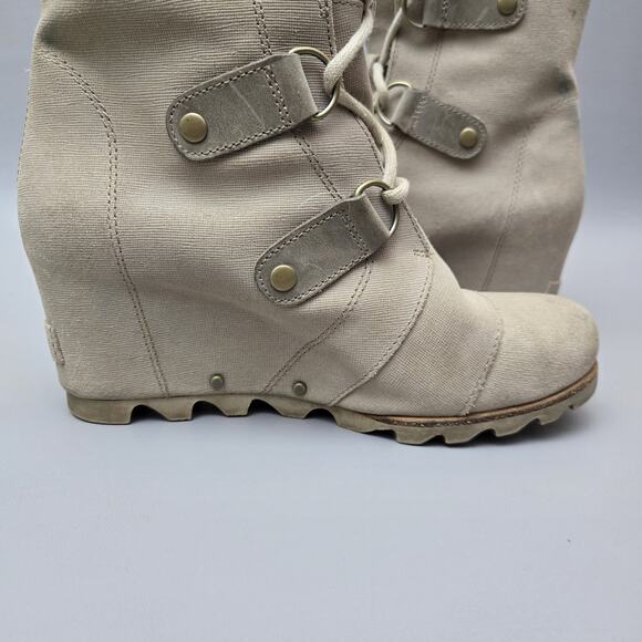 Sorel Joan of Arctic Wedge II Linen Soft Taupe Leather Mid Ankle Booties Size 8 - Picture 6 of 16